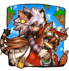 Rule 34 | 1boy, 1girl, animal ears, blue eyes, blush, border, brown hair, carrying, cat ears, cat tail, cloud, dakusuta, dog ears, earrings, elh melizee, facial mark, fang, fur trim, goggles, hair between eyes, height difference, highres, jewelry, little tail bronx, long hair, mouth hold, open mouth, outside border, pointing, pointing forward, red savarin, short hair, shoulder carry, sky, smile, solatorobo, tail, thumbs up, white hair