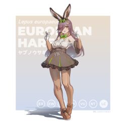 Rule 34 | 1girl, animal ears, bare shoulders, blush, bow, bowtie, brown footwear, brown fur, brown gloves, brown hair, brown pantyhose, brown skirt, center frills, elbow gloves, english text, european hare (kemono friends), extra ears, frilled skirt, frills, full body, fur collar, gloves, gradient gloves, green bow, green bowtie, hair bow, hair over one eye, high-waist skirt, highres, kemono friends, latin text, loafers, long hair, lumian300, multicolored hair, pantyhose, rabbit ears, rabbit girl, rabbit tail, shirt, shoes, skirt, sleeveless, solo, tail, translation request, two-tone gloves, white gloves, white hair, white shirt