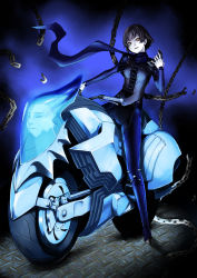 Rule 34 | 10s, 1girl, alternate eye color, blue background, blue bodysuit, bodysuit, breasts, brown hair, chain, closed mouth, corset, floor, gloves, happy, highres, holding, holding mask, joanna (persona 5), looking at viewer, mask, motor vehicle, motorcycle, niijima makoto, orange eyes, persona, persona 5, scarf, short hair, sitting, solo, spikes, straddling, tire, vehicle