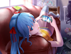 Rule 34 | 1girl, blue eyes, blue hair, couch, curtains, figure, food, hair ribbon, handheld game console, hatsune miku, headphones, highres, lips, looking at viewer, looking back, lying, matching hair/eyes, megurine luka, mouth hold, no pants, on back, panties, playing games, playstation vita, pocky, ribbon, solo, striped clothes, striped panties, striped thighhighs, takoluka, thighhighs, twintails, underwear, vocaloid, wei ji, window