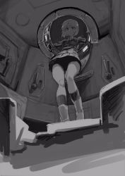 Rule 34 | 10s, 1girl, boots, commentary request, faux traditional media, from below, full body, girls und panzer, greyscale, highres, jacket, kotoyama, legs, looking at viewer, monochrome, nishizumi miho, ooarai military uniform, pleated skirt, shadow, skirt, socks, solo, standing, sweatdrop, tank interior, thighs, upskirt, vehicle interior