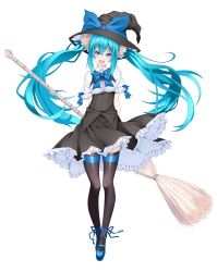 Rule 34 | 1girl, absurdres, aqua hair, arms behind back, blue eyes, broom, dress, ffcreatyuuki, hat, hatsune miku, highres, long hair, open mouth, sidelocks, simple background, solo, thighhighs, twintails, very long hair, vocaloid, white background, witch hat