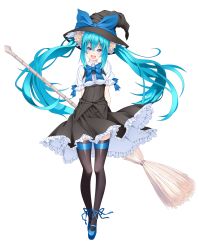 1girl absurdres aqua_hair arms_behind_back blue_eyes broom dress female_focus ffcreatyuuki hat hatsune_miku highres long_hair open_mouth sidelocks simple_background solo thighhighs twintails very_long_hair vocaloid white_background witch_hat