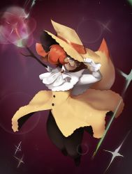 Rule 34 | 1girl, adjusting clothes, adjusting headwear, aliasing, arms up, black pantyhose, braixen, bright pupils, brooch, brown eyes, buttons, capelet, creatures (company), dark-skinned female, dark skin, dress, female focus, flat chest, freckles, full body, game freak, gem, gen 6 pokemon, glasses, gloves, happy, hat, hat ribbon, highres, holding, holding stick, jewelry, jumping, long sleeves, magic, nintendo, one eye closed, open mouth, outstretched arm, pantyhose, personification, pokemon, purple background, red gemstone, red hair, red ribbon, ribbon, round eyewear, shirt, short hair, simple background, sleeveless, sleeveless dress, smile, solo, sparkle, stick, teeth, white-framed eyewear, white capelet, white gloves, white pupils, white shirt, wink, witch hat, yellow dress, yellow hat, zambiie