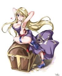 Rule 34 | 1girl, armpits, arms up, artist request, ass, b.jenet, bare shoulders, belt, blonde hair, blue eyes, blush, bracelet, breasts, cleavage, collar, curvy, dress, fatal fury, fingerless gloves, garou: mark of the wolves, gloves, heart, high heels, highleg, highleg panties, hip focus, jenet behrn, jewelry, large breasts, legband, legs, long hair, muscular, no bra, one eye closed, panties, pirate, purple panties, shoes, snk, solo, the king of fighters, thigh strap, thighs, thong, treasure chest, underwear, wide hips, wink