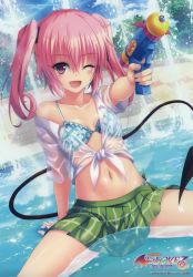 Rule 34 | 1girl, ;d, absurdres, arm support, bikini, bikini top only, bikini under clothes, blue bikini, blush, breasts, cleavage, collarbone, copyright name, day, demon tail, dutch angle, fang, frilled bikini, frills, green skirt, gun, highres, holding, holding gun, holding weapon, long hair, looking at viewer, miniskirt, nana asta deviluke, navel, official art, one eye closed, open mouth, outdoors, pink eyes, pink hair, pleated skirt, see-through, shirt, sitting, skirt, small breasts, smile, solo, stomach, swimsuit, swimsuit under clothes, tail, tied shirt, to love-ru, twintails, water gun, weapon, wet, wet clothes, wet shirt, white shirt, yabuki kentarou