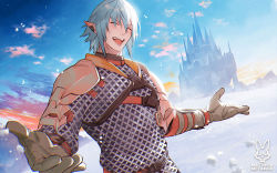 Rule 34 | 1boy, ^ ^, armor, artist name, belt, blue hair, blue sky, brown gloves, castle, chainmail, closed eyes, cloud, commentary, day, earclip, elezen, elf, eyes visible through hair, final fantasy, final fantasy xiv, foreshortening, from side, gloves, happy, haurchefant greystone, male focus, matthewmetamor, mountainous horizon, open mouth, outdoors, outstretched arms, pauldrons, pointy ears, short hair, shoulder armor, sky, smile, solo, spread arms, upper body, watermark