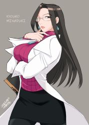 Rule 34 | 1girl, alternate color, arm under breasts, black hair, black pantyhose, black skirt, breasts, character name, commentary request, earrings, fingers to chin, hand on own chin, jewelry, justice gakuen, lab coat, long hair, long sleeves, minazuki kyouko, miniskirt, misodiru, necklace, notebook, pantyhose, pink sweater, ribbed sweater, signature, skirt, solo, sweater, typo
