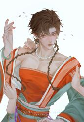 Rule 34 | 1boy, arm up, bishounen, braid, brown eyes, brown hair, chinese clothes, code: kite, crossdressing, hanfu, highres, jewelry, looking at viewer, low twintails, male focus, mishiellestonn, necklace, pearl necklace, pov, pov hands, sun ce (code: kite), twin braids, twintails