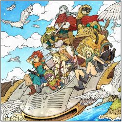 Rule 34 | 3girls, arm behind head, asymmetrical bangs, ayla (chrono trigger), belt, bird, blonde hair, blue tunic, boots, bridal gauntlets, cape, chrono trigger, closed eyes, cloud, cloudy sky, colored skin, crono (chrono trigger), crossed arms, curly hair, dress, epoch, falling feathers, feathers, flying, frog (chrono trigger), full body, fur boots, fur scarf, fur skirt, glasses, grey hair, grey skin, headband, helmet, highres, holding, holding sword, holding weapon, long hair, lucca ashtear, magus (chrono trigger), marle (chrono trigger), multiple boys, multiple girls, open mouth, orange scarf, orange tunic, pointy ears, ponytail, purple hair, red cape, red hair, robo (chrono trigger), robot, scarf, short hair, sitting, sky, spiked hair, sword, tail, teeth, toriga, upper teeth only, weapon, white dress, white headband, wings, yellow scarf