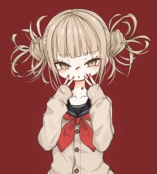 Rule 34 | 1girl, bags under eyes, black sailor collar, blonde hair, blood, blood on face, boku no hero academia, brown eyes, cardigan, double bun, grey cardigan, hair bun, hands up, long sleeves, looking at viewer, messy hair, narue, neckerchief, parted lips, red background, red neckerchief, sailor collar, simple background, solo, toga himiko, triangle mouth, upper body