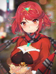 Rule 34 | 1girl, alternate costume, bag, blurry, blurry background, blush, bread, breasts, cleavage cutout, clothing cutout, food, gem, gloves, hair ornament, headpiece, highres, holding, jewelry, kiiro kimi, large breasts, long sleeves, looking at viewer, night, outdoors, paper bag, plaid, plaid scarf, pyra (xenoblade), red eyes, red hair, red scarf, red shirt, scarf, shirt, short hair, smile, solo, swept bangs, tiara, upper body, xenoblade chronicles (series), xenoblade chronicles 2