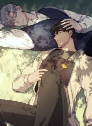Rule 34 | 2boys, absurdres, blue sweater vest, book, brown hair, brown shirt, cardigan, closed eyes, collared shirt, feet out of frame, grass, hand on another&#039;s head, highres, ilay riegrow, jeong taeui, leaf, lying, lying on person, male focus, multiple boys, o ssion, on back, on grass, open cardigan, open clothes, passion (manhwa), shirt, sweater vest, tree shade, white hair