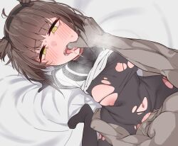 Rule 34 | 1boy, 1girl, absurdres, bed sheet, black bodysuit, black sailor collar, blush, bodysuit, breasts, brown hair, clothed female nude male, commentary request, finger in another&#039;s mouth, foreshortening, hatsuzuki (kancolle), heart, heart-shaped pupils, hetero, highres, kantai collection, looking at viewer, medium breasts, nipples, nose blush, nude, open mouth, sailor collar, saliva, sex, shiawase hougan, solo focus, sweat, symbol-shaped pupils, tears, tongue, torn bodysuit, torn clothes, yellow eyes