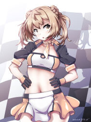 Rule 34 | 1girl, 547th sy, bandeau, black gloves, breasts, checkered flag, cosplay, cropped jacket, double bun, flag, gloves, hair bun, highres, jacket, kantai collection, light brown hair, michishio (kancolle), multicolored clothes, multicolored jacket, natsugumo (kancolle), natsugumo (kancolle) (cosplay), orange bandeau, orange gloves, orange skirt, race queen, short twintails, skirt, small breasts, solo, twintails, two-tone bandeau, two-tone skirt, white bandeau, yellow eyes