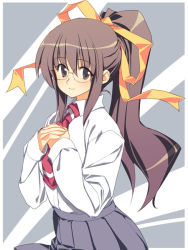Rule 34 | 1girl, brown eyes, glasses, grey background, grey skirt, hair ribbon, hands on own chest, long sleeves, looking at viewer, original, pleated skirt, ponytail, ribbon, rimless eyewear, simple background, skirt, solo, yellow ribbon
