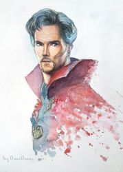 Rule 34 | 1boy, absurdres, anaiasane, beard, benedict cumberbatch, black eyes, cloak, doctor strange, facial hair, grey hair, high collar, highres, lips, looking to the side, male focus, marvel, painting (medium), short hair, signature, solo, traditional media, upper body, watercolor (medium), white background, wizard