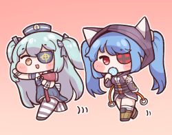 Rule 34 | 2girls, animal hood, axe, blue hair, blush, bulga, candy, cat hood, chibi, dress, eyepatch, fire axe, food, full body, hair ribbon, hat, holding, holding candy, holding food, holding lollipop, hood, last origin, light blue hair, lollipop, long hair, looking at viewer, lrl (last origin), multiple girls, open mouth, pantyhose, red eyes, ribbon, sailor dress, sailor hat, smile, striped clothes, striped legwear, striped pantyhose, swirl lollipop, tachi (artificial hero), trait connection, two side up, yellow eyes