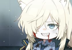 Rule 34 | 1girl, animal ear fluff, animal ears, black jacket, blonde hair, blood, blood from mouth, blood on clothes, blood on face, blue archive, blue eyes, blue necktie, blue shirt, collared shirt, grin, hair over one eye, highres, jacket, kanna (blue archive), long hair, necktie, portrait, sharp teeth, shirt, smile, solo, teeth, twitter username, yanggaengwang