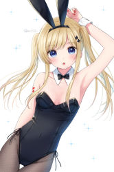 Rule 34 | 1girl, :o, animal ears, anz32, arm behind back, arm up, armpits, bare shoulders, black bow, black bowtie, black hairband, black leotard, black pantyhose, blonde hair, blush, bow, bowtie, breasts, club hair ornament, collarbone, commentary request, covered navel, cowboy shot, detached collar, dutch angle, fake animal ears, gem (symbol), hair ornament, hairband, heart, leotard, long hair, looking at viewer, nail polish, open mouth, original, pantyhose, playboy bunny, rabbit ears, red nails, sidelocks, simple background, small breasts, solo, spade hair ornament, sparkle, strapless, strapless leotard, thigh gap, twintails, twitter username, white background, wrist cuffs
