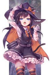 Rule 34 | 1girl, animal ears, asashio (kancolle), asashio kai ni (kancolle), black dress, black hair, blue eyes, bow, cape, cat ears, cat tail, dated, dress, fangs, frilled dress, frills, gloves, hair bow, halloween, halloween costume, hat, kantai collection, long hair, long sleeves, n:go, open mouth, pinafore dress, shirt, signature, simple background, sleeveless, sleeveless dress, solo, striped clothes, striped thighhighs, tail, thighhighs, torpedo tubes, white gloves, white shirt, witch hat