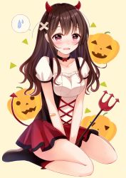 Rule 34 | 1girl, bandaid, bandaid on arm, between legs, black footwear, black neckwear, blush, boots, breasts, brown hair, choker, collarbone, commentary request, demon horns, demon tail, dress, embarrassed, full body, hair between eyes, hair ornament, halloween, horns, jack-o&#039;-lantern, knee boots, long hair, looking at viewer, open mouth, original, outline, pink eyes, polearm, puffy short sleeves, puffy sleeves, red ribbon, ribbon, sakura hiyori, short dress, short sleeves, sidelocks, sitting, small breasts, solo, spoken sweatdrop, sweat, sweatdrop, tail, tearing up, trident, v arms, wariza, wavy hair, weapon, white dress, white outline, x hair ornament, yellow background