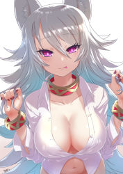 Rule 34 | 1girl, :p, animal ears, blush, bracelet, breasts, cleavage, collar, collarbone, commentary request, grey hair, hair between eyes, jewelry, krono tokage, large breasts, long hair, looking at viewer, nail polish, navel, original, pink eyes, purple nails, shirt, sidelocks, signature, smile, solo, stomach, tongue, tongue out, very long hair, white background, white shirt