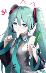 Rule 34 | 1girl, ^^^, animal ears, aqua eyes, aqua hair, aqua nails, aqua necktie, asahi kuroi, bare shoulders, black sleeves, cat ears, commentary, detached sleeves, fang, food, grey shirt, hair ornament, hatsune miku, headphones, headset, highres, holding, holding food, holding spring onion, holding vegetable, long hair, looking at viewer, nail polish, necktie, open mouth, paw pose, shirt, shoulder tattoo, signature, sleeveless, sleeveless shirt, solo, spring onion, tattoo, twintails, upper body, vegetable, very long hair, vocaloid