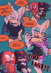 Rule 34 | 1girl, 2023, 2boys, ?, absurdres, animal nose, arm up, bare shoulders, bat girl, bat wings, before and after, black bodysuit, black shirt, black shorts, bodysuit, breasts, cleavage, closed eyes, crossed arms, elbow gloves, emphasis lines, english text, eyelashes, eyeliner, fang, furry, furry female, furry male, gloves, green eyes, half-closed eyes, heart, hedgehog ears, hedgehog tail, highres, knuckles the echidna, lipstick, looking at viewer, makeup, medium breasts, molu9818, multiple boys, off shoulder, open mouth, pink lips, purple eyes, rouge the bat, shadow the hedgehog, shirt, shorts, snout, solo focus, sonic (series), sparkle, speech bubble, standing, tail, teeth, thighhighs, upper teeth only, white gloves, white thighhighs, wide-eyed, wings