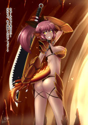 Rule 34 | 1girl, animal hands, armor, ass, bikini armor, black panties, blush, breasts, butter-t, check translation, cleavage, commentary, dark-skinned female, dark skin, english commentary, fiery tail, fins, fire, gauntlets, grin, head fins, holding, large breasts, legs, lizard tail, long hair, looking at viewer, looking back, monster girl, monster girl encyclopedia, panties, pauldrons, ponytail, red hair, reptile girl, salamander (monster girl encyclopedia), shoulder armor, signature, smile, solo, standing, sword, tail, teeth, thong, translated, translation request, underwear, vambraces, weapon, yellow eyes