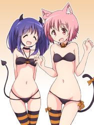 Rule 34 | 2girls, :d, ^ ^, ahoge, animal ears, arms behind back, bikini, black bikini, black neckwear, bow, breasts, cat ears, cat tail, choker, closed eyes, collarbone, commentary request, cowboy shot, demon horns, demon tail, facing viewer, gradient background, groin, halterneck, highres, hinata yukari, horns, kemonomimi mode, long hair, looking at viewer, mel (melty pot), multi-strapped bikini bottom, multi-strapped bikini top, multiple girls, navel, nonohara yuzuko, open mouth, orange bow, outline, pink eyes, pink hair, purple hair, short hair, single thighhigh, small breasts, smile, stomach, striped clothes, striped legwear, striped thighhighs, swimsuit, tail, tail bow, tail ornament, thighhighs, twintails, two-tone background, white outline, yuyushiki