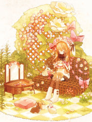 Rule 34 | 1girl, 32 (mayama), animal hat, bad id, bad pixiv id, blonde hair, checkered floor, closed eyes, female focus, floor, flower, full body, hair ribbon, hat, lily (flower), nature, original, rabbit, ribbon, rose, sitting, solo, striped clothes, striped thighhighs, thighhighs, white flower, white rose, wreath