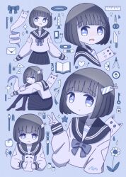 Rule 34 | 1girl, :d, :o, absurdres, animal, apple, bandaid, black pantyhose, black skirt, blue background, blue eyes, blue theme, blunt bangs, blush, book, bookmark, bow, bowtie, brown hair, cat, cathead, closed mouth, collarbone, commentary, compass, compass (instrument), cowboy shot, cross, d:, dandelion, digital media player, dot mouth, earbuds, earphones, eraser, flower, food, from side, fruit, full body, ghost, hair ornament, hair ribbon, heart, highres, holding, holding animal, holding cat, holding ghost, hoop, ipod, key, knife, leaf, letter, lock, long sleeves, looking at viewer, love letter, multiple views, no nose, nose blush, omochi noa, one eye closed, open book, open mouth, original, padlock, paint tube, paintbrush, pantyhose, pen, pill, pleated skirt, protractor, rectangle, ribbon, ruler, sailor collar, school uniform, scissors, serafuku, shirt, short hair, signature, sitting, skirt, smile, solid oval eyes, sparkle, star (symbol), strawberry, symbol-only commentary, syringe, toothbrush, toothpaste, triangle, uniform, upper body, v, watch, water drop, wristwatch