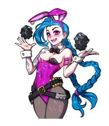 Rule 34 | 1girl, animal ears, bare shoulders, belt, black belt, blue hair, blush, blushyspicy, bow, bowtie, braid, breasts, cleavage, detached collar, explosive, fake animal ears, fang, grenade, jinx (league of legends), league of legends, leotard, long hair, looking at viewer, medium breasts, nail polish, pantyhose, pink eyes, playboy bunny, rabbit ears, small breasts, smile, solo, strapless, strapless leotard, tattoo, twin braids, very long hair, wrist cuffs