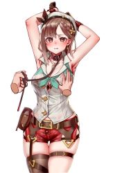 Rule 34 | 1girl, absurdres, armpits, arms up, atelier (series), atelier ryza, atelier ryza 2, belt, blush, bra, bra peek, braid, breasts, brown belt, brown eyes, brown hair, collar, disembodied limb, grabbing, grabbing another&#039;s breast, hair ornament, hat, highres, holding, holding leash, jewelry, jsiwji, key, key necklace, large breasts, leash, leather belt, looking at viewer, necklace, pouch, red shorts, reisalin stout, shirt, short hair, short shorts, shorts, simple background, single sidelock, single thighhigh, skindentation, slave, sleeveless, sleeveless shirt, solo, thigh gap, thigh strap, thighhighs, transparent background, underwear, white hat