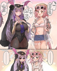 Rule 34 | 2girls, animal ears, arknights, blue shorts, cat ears, cat tail, english text, goldenglow (arknights), goldenglow (summer flowers) (arknights), head wings, kaguura (kagu), manticore (arknights), manticore (under a veil) (arknights), multiple girls, pink hair, shorts, tail, translated, wings