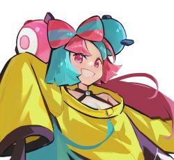 Rule 34 | 1girl, :d, blue hair, bow-shaped hair, coat, creatures (company), fang, fuxiang, game freak, gen 1 pokemon, halterneck, highres, iono (pokemon), light blue hair, long hair, long sleeves, magnemite, magnet, multicolored hair, nintendo, one-eyed, open mouth, pink eyes, pink hair, pokemon, pokemon (creature), pokemon sv, simple background, sleeves past fingers, sleeves past wrists, smile, two-tone hair, v-shaped eyebrows, white background, yellow coat