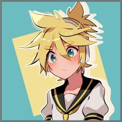 Rule 34 | 1boy, aqua background, aqua eyes, bad id, bad twitter id, blonde hair, blue eyes, character cutout, closed mouth, collarbone, ei flow, hair between eyes, headset, highres, kagamine len, male focus, messy hair, multicolored background, necktie, ponytail, sailor collar, simple background, thick eyebrows, vocaloid