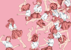 Rule 34 | 6+girls, absurdres, bare legs, barefoot, braid, closed mouth, collared shirt, commentary request, closed eyes, hair bun, half updo, hand in mouth, hands up, highres, long hair, lying, multiple girls, on back, on side, original, parted lips, pink background, pink eyes, pink hair, pink skirt, pink theme, pleated skirt, ponytail, school uniform, shiki haru, shirt, shirt tucked in, short hair, short sleeves, short twintails, simple background, single hair bun, skirt, twin braids, twintails, white shirt