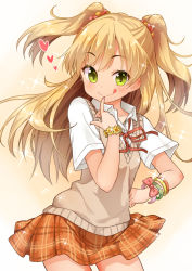 Rule 34 | 10s, 1girl, :q, blonde hair, blush, bracelet, green eyes, heart, idolmaster, idolmaster cinderella girls, jewelry, jigatei (omijin), jougasaki rika, long hair, looking at viewer, one eye closed, plaid, plaid skirt, school uniform, short sleeves, skirt, smile, solo, sweater vest, tongue, tongue out, twintails, two side up, vest