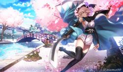 Rule 34 | 1girl, ahoge, aora, armor, artist name, bare shoulders, black bow, black scarf, black thighhighs, bow, breasts, bridge, cherry blossoms, fate (series), garden, grin, hair bow, haori, holding, holding sword, holding weapon, japanese armor, japanese clothes, katana, kimono, koha-ace, kote, looking at viewer, medium breasts, obi, okita souji (fate), okita souji (koha-ace), petals, pink hair, sandals, sash, scarf, scenery, shinsengumi, short hair, short kimono, sideboob, smile, solo, sword, thighhighs, weapon, yellow eyes