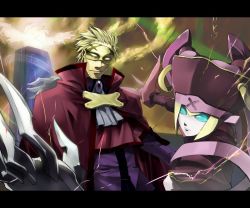 Rule 34 | 1boy, 1girl, android, arc system works, blazblue, blonde hair, blue eyes, building, cape, cloud, ignis (blazblue), mask, relius clover, robot, serious, sky, weapon, white eyes