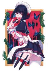 Rule 34 | 1girl, absurdres, apron, arm belt, black dress, black hair, blood, blood on clothes, blood on face, blood on hands, bloody knife, bloody weapon, blunt bangs, bob cut, breasts, brown eyes, bug, butterfly, cowboy shot, doku-chan (dokkudokudoku), dress, eyelashes, frilled skirt, frills, glasses, hand up, highres, holding, holding knife, holding weapon, holster, insect, knife, lace, lace-trimmed legwear, lace trim, leaf, licking, licking blade, lipstick, looking at viewer, maid, maid apron, maid headdress, makeup, original, pink lips, plant, puffy short sleeves, puffy sleeves, rimless eyewear, short dress, short hair, short sleeves, skindentation, skirt, solo, thigh holster, thigh strap, thighhighs, tongue, tongue out, weapon, white thighhighs, wrist cuffs