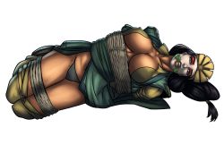 Rule 34 | 1girl, arms behind back, avatar: the last airbender, avatar legends, black hair, bound, bound legs, breasts, cleavage, cloth gag, collarbone, commentary, commission, english commentary, covered erect nipples, facepaint, gag, gagged, green kimono, grey panties, headpiece, highres, hogtie, impossible clothes, improvised gag, japanese clothes, kimono, kyoshi (avatar), large breasts, lipstick, long hair, low-tied long hair, makeup, navel, no bra, obi, open clothes, open kimono, panties, rope, sash, second-party source, solo, studio katsumi, transparent background, underwear