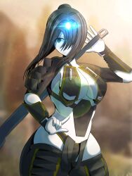 Rule 34 | 1girl, animification, black footwear, black hair, black panties, blue eyes, boots, breasts, cleavage, floating hair, gauntlets, glowing, hair bun, hair intakes, highres, holding, holding sword, holding weapon, large breasts, lens flare, panties, personification, revealing clothes, ronin (titanfall 2), single hair bun, solo, sword, thigh boots, titanfall (series), titanfall 2, underwear, weapon, whopper28