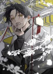 Rule 34 | 1boy, archery, arrow (projectile), fang, fangs, flower, fur, hamaya, hand on own chest, hand on own face, highres, in mouth, jacket, unworn jacket, original, short hair, solo, uminonew, white flower, yellow eyes