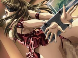 Rule 34 | 1girl, bdsm, blindfold, bondage, bondage cuffs, bondage outfit, bound, bound wrists, breastless clothes, breasts, brown hair, carnelian, censored, fetish wear, game cg, kashiwagi akane, large breasts, long hair, mosaic censoring, nipples, open mouth, penis, pussy juice, rape, re leaf, sex, slave, solo focus, stocks, wrists tied together