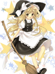 Rule 34 | 1girl, apron, bamboo broom, blonde hair, braid, broom, brown eyes, buttons, female focus, hanabana tsubomi, hat, kirisame marisa, long hair, mary janes, open mouth, salute, shoes, side braid, smile, solo, star (symbol), tareme, touhou, waist apron, witch, witch hat, yellow eyes