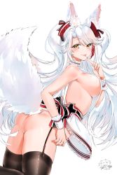 Rule 34 | 1girl, :p, absurdres, animal ear fluff, animal ears, apron, ass, azur lane, barefoot, black thighhighs, blush, breasts, closed mouth, cross, dated, dimples of venus, finger to mouth, fox ears, fox girl, fox tail, from side, garter straps, highres, iron cross, kemonomimi mode, large breasts, leaning forward, long hair, looking at viewer, looking to the side, mole, mole on breast, multicolored hair, naked apron, prinz eugen (azur lane), red hair, sideboob, signature, silver hair, simple background, smile, solo, streaked hair, swept bangs, tail, thighhighs, tongue, tongue out, two side up, very long hair, white apron, white background, wrist cuffs, yellow eyes, yukineko1018
