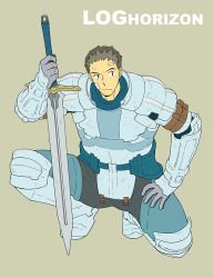 Rule 34 | 10s, 1boy, armor, armored boots, bandaid, beige background, boots, brown hair, copyright name, gloves, grey hair, ichirou (momomo p), log horizon, male focus, multicolored hair, naotsugu (log horizon), simple background, solo, sword, two-tone hair, weapon
